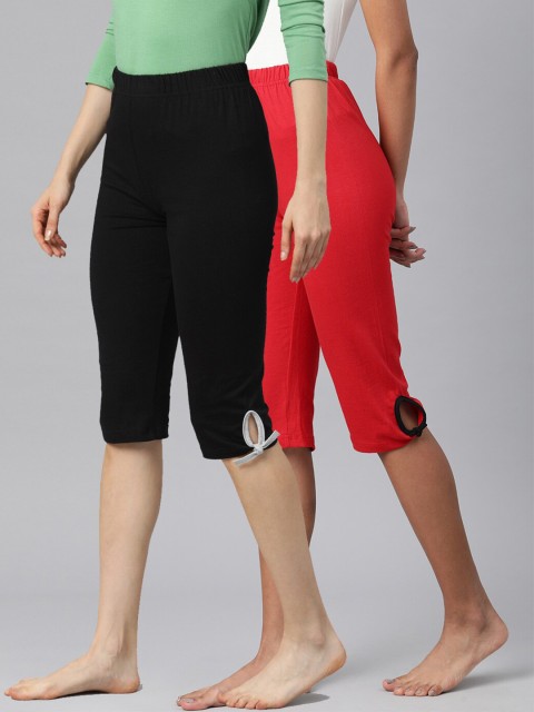 

NOT YET by us Women Pack of 2 Red & Black Pure Cotton Capris