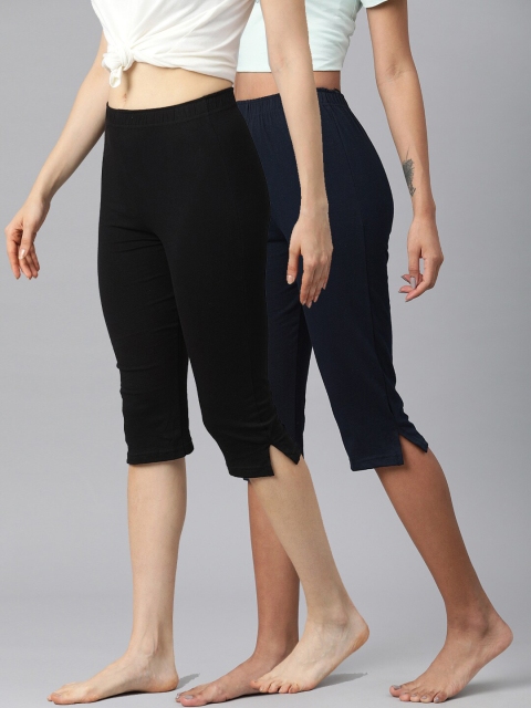 

NOT YET by us Women Pack Of 2 Black & Navy Blue Pure Cotton Capris