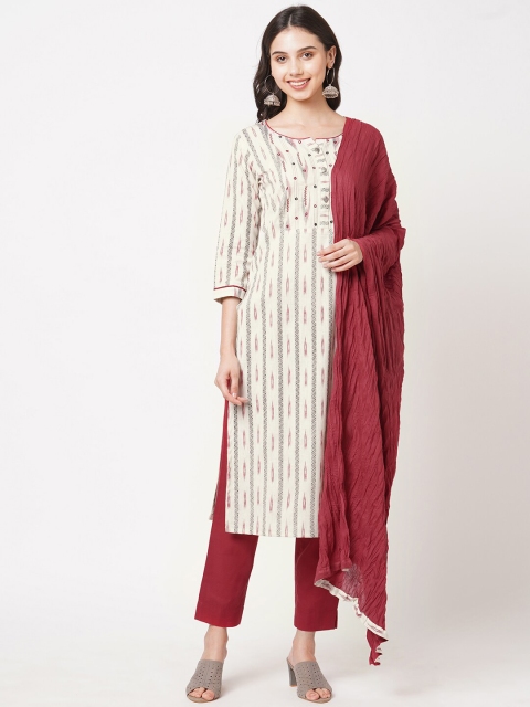 

KAMI KUBI Beige & Maroon embroidered cotton blend ikat printed Unstitched Dress Material