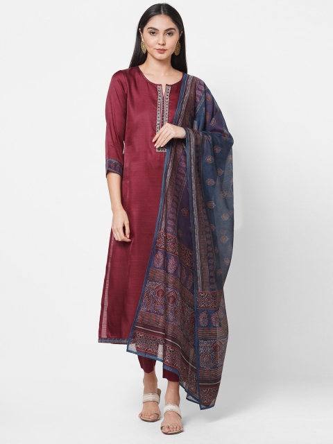 

KAMI KUBI Maroon & Blue Art Silk Unstitched Dress Material