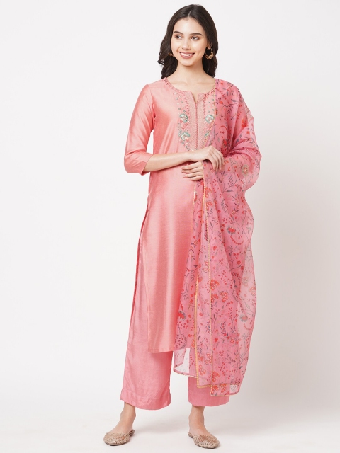 

KAMI KUBI Pink & Red Embroidered Art Silk Unstitched Dress Material