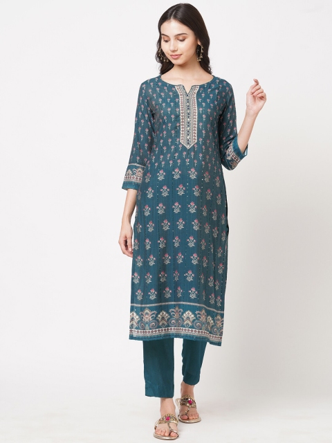 

KAMI KUBI Blue & Magenta Printed Art Silk Semi-Stitched Dress Material