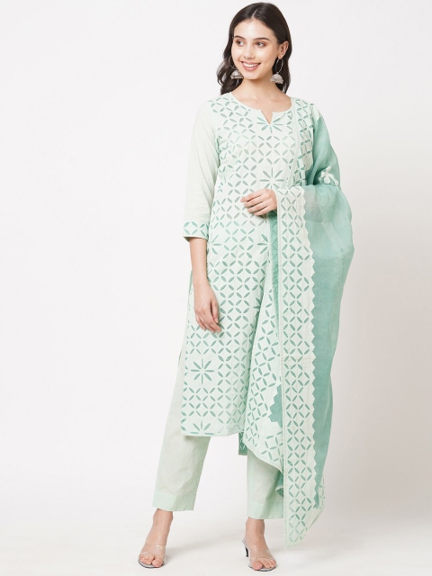 

KAMI KUBI Green & White Pure Cotton Unstitched Dress Material