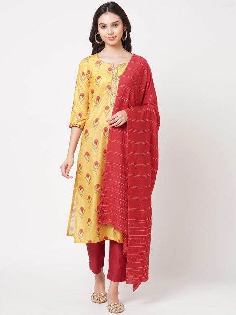 

KAMI KUBI Yellow & Red Printed Art Silk Unstitched Dress Material