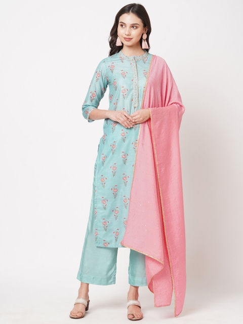 

KAMI KUBI Sea Green & Pink Printed Art Silk Unstitched Dress Material