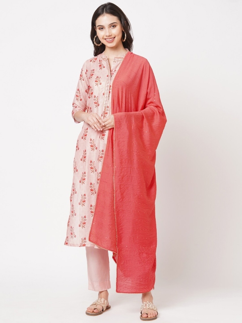 

KAMI KUBI Pink & Orange Printed Art Silk Unstitched Dress Material