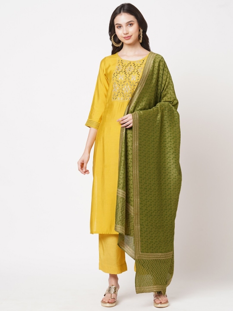 

KAMI KUBI Yellow & Olive Green Embroidered Art Silk Unstitched Dress Material