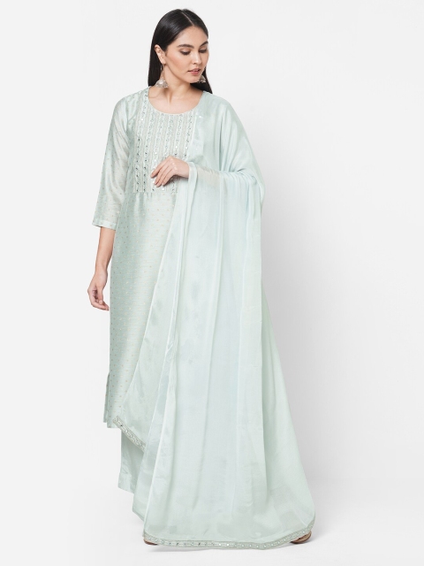 

KAMI KUBI Sea Green Embroidered Art Silk Unstitched Dress Material