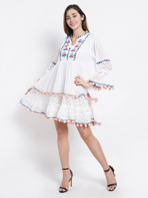 

IX IMPRESSION White & Blue Embroidered Dress