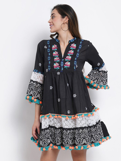 

IX IMPRESSION Black Floral Embroidered Gathered Pom Pom A-Line Dress