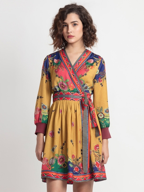 

SHAYE Mustard Yellow & Red Floral Tess Wrap Dress