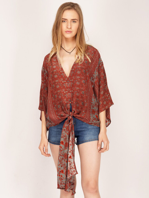 

SHAYE Brown Floral Waist Tie Up Boxy Top
