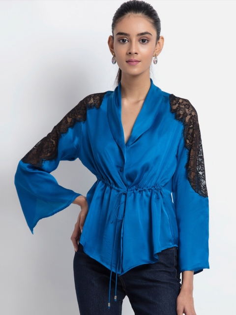 

SHAYE Blue Lace-Up Cinched Waist Top