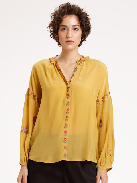 

SHAYE Mustard Yellow Floral Embroidered Shirt Style Top