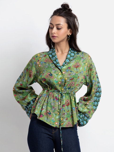 

SHAYE Green Floral Printed Cinched Waist Shirt Style Top