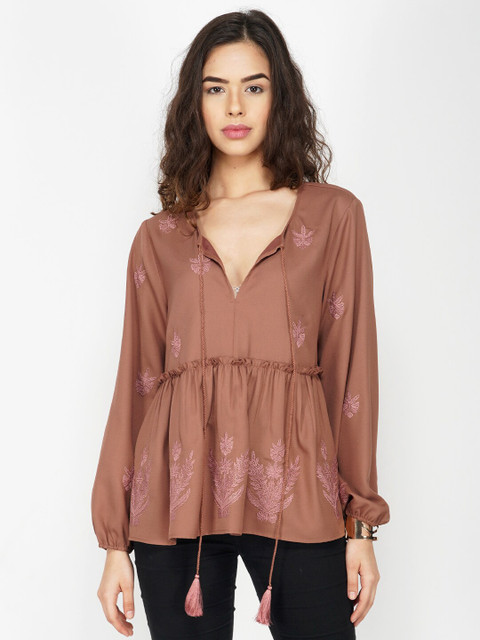 

SHAYE Brown Floral Embroidered Regular Top