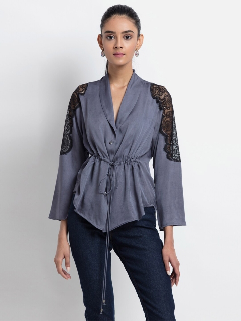 

SHAYE Grey Lace-Up Cinched Waist Top