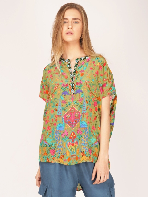 

SHAYE Green Floral Printed Extended Sleeves Regular Top