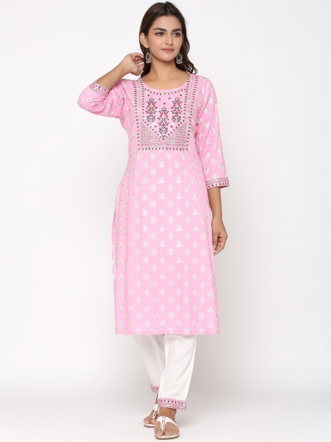 

UNISETS Women Pink Ethnic Motifs Printed Regular Kurta with Trousers