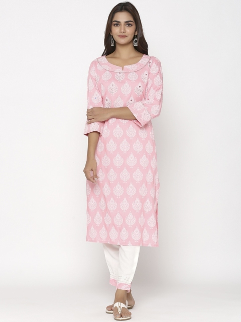 

UNISETS Women Pink & White Ethnic Motifs Printed Regular Kurta with Trousers