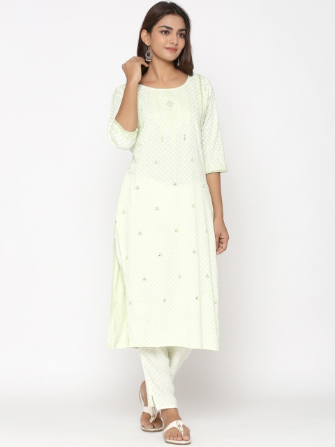 

UNISETS Women Lime Green Floral Embroidered Regular Mirror Work Kurta with Trousers