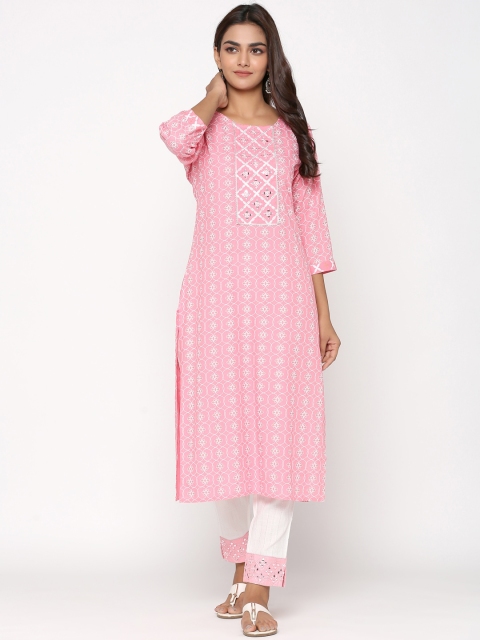 

UNISETS Women Pink Printed Regular Kurta with Trousers