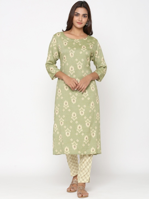 

UNISETS Women Olive Green Floral Printed Regular Kurta with Trousers