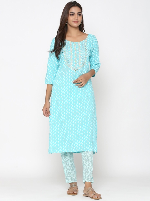 

UNISETS Women Turquoise Blue Ethnic Motifs Embroidered Regular Kurta with Trousers