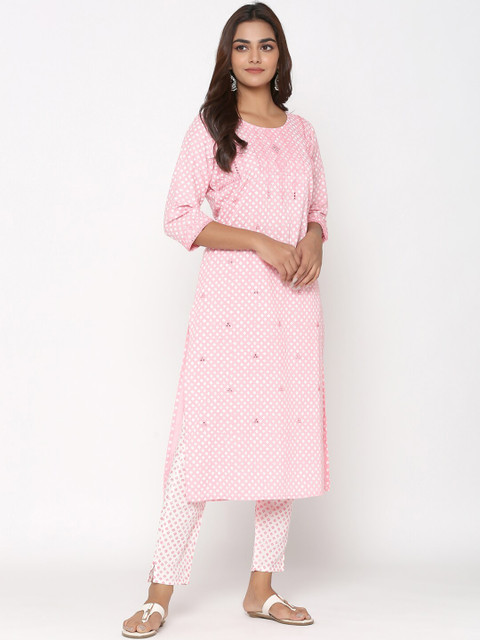 

UNISETS Women Pink Printed Regular Kurti with Trousers