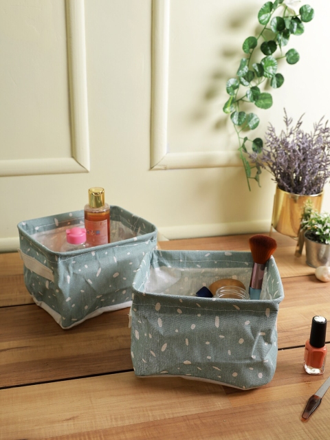 

House Of Accessories Set Of 2 Green & White Printed Makeup Organisers
