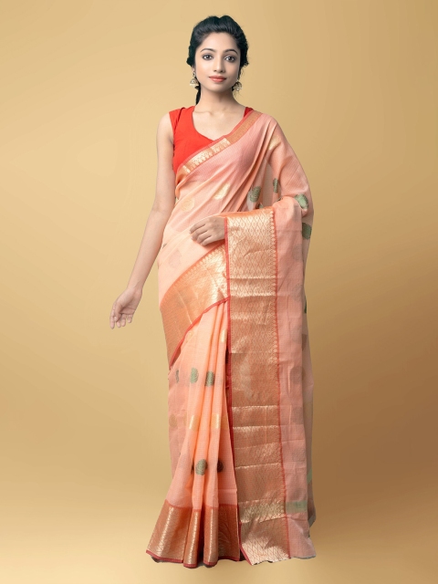 

Unnati Silks Peach-Coloured & Orange Ethnic Motifs Silk Cotton Banarasi Saree