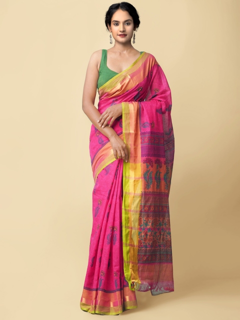 

Unnati Silks Pink & Green Ethnic Motifs Pure Cotton Mangalagiri Saree