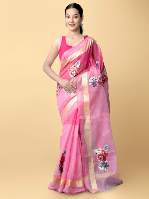 

Unnati Silks Pink & Gold-Toned Floral Printed Zari Organza Patola Saree