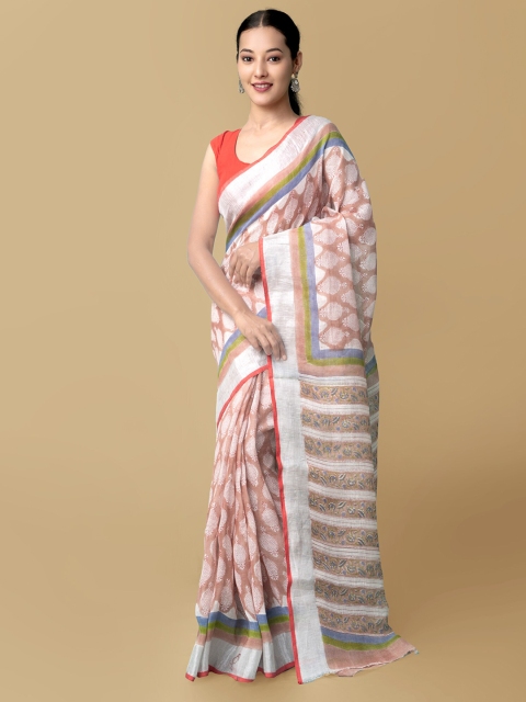 

Unnati Silks Brown & Orange Floral Pure Linen Block Print Saree
