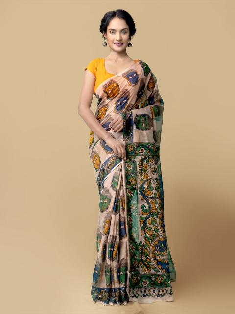 

Unnati Silks Brown & Blue Kalamkari Printed Pure Cotton Kanjeevaram Saree