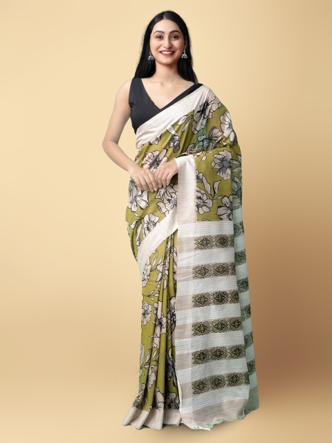 

Unnati Silks Green & White Floral Printed Silk Cotton Chanderi Saree
