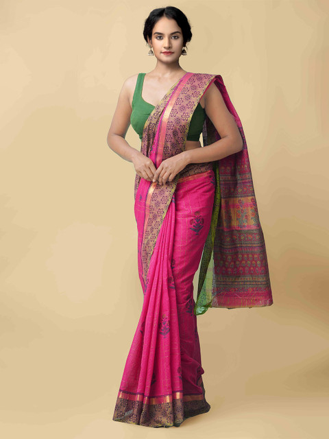 

Unnati Silks Pink & Purple Ethnic Motifs Pure Cotton Mangalagiri Saree