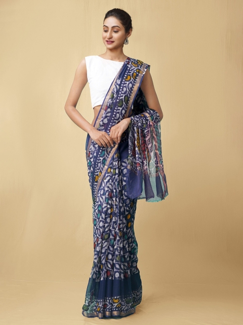 

Unnati Silks Blue & White Batik Zari Pure Cotton Kota Saree