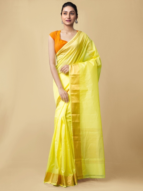 

Unnati Silks Yellow & Gold-Toned Silk Cotton Pure Handloom sustainable Mangalagiri Saree