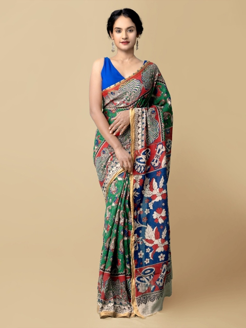 

Unnati Silks Green & Blue Kalamkari Pure Cotton Kanjeevaram Saree