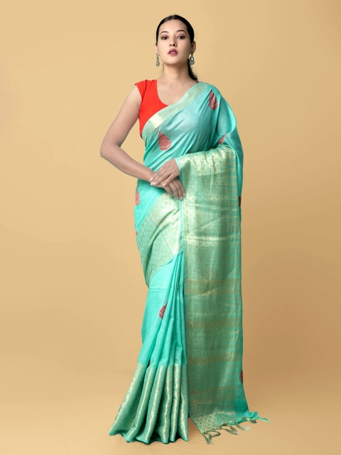 

Unnati Silks Green & Pink Woven Design Embroidered Pure Linen Jamdani Saree