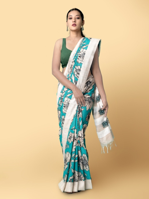 

Unnati Silks Turquoise Blue Floral Silk Cotton Chanderi Saree