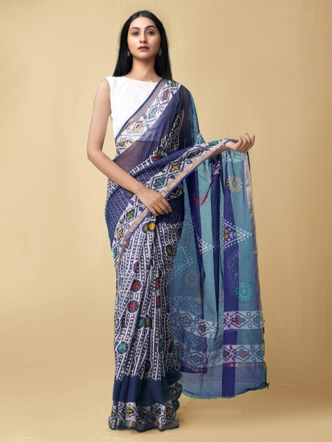 

Unnati Silks Blue & White Batik Printed Kota Pure Cotton Saree