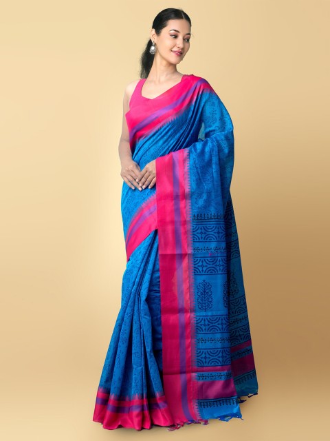 

Unnati Silks Blue & Pink Ethnic Motifs Silk Cotton Chanderi Saree