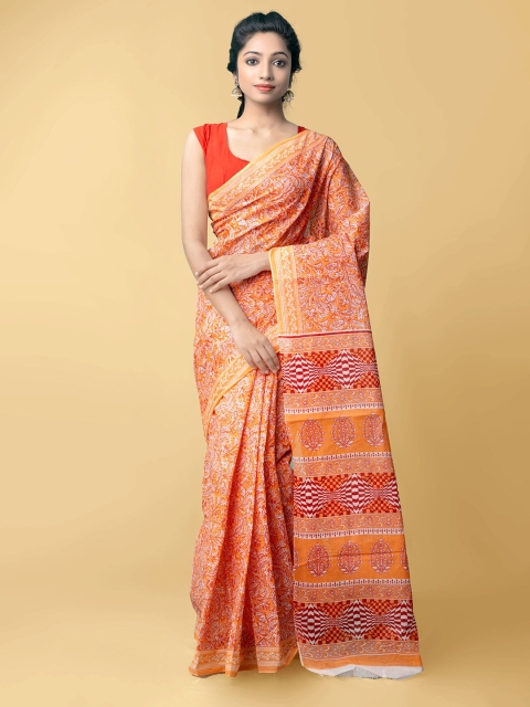 

Unnati Silks Orange & White Ethnic Motifs Pure Cotton Patola Saree