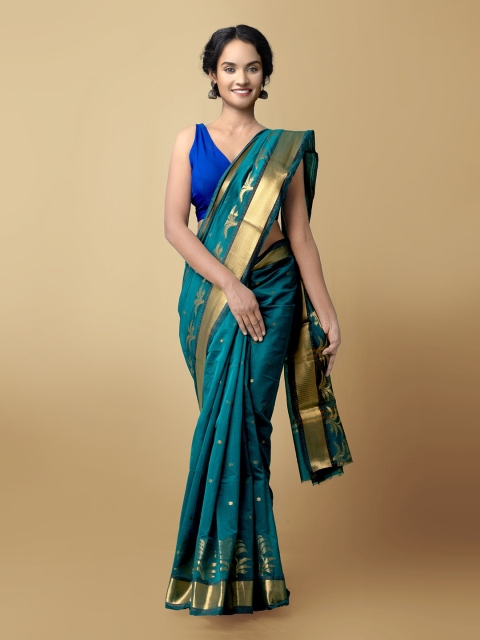 

Unnati Silks Green & Gold-Toned Woven Design Zari Silk Cotton Kanjeevaram Saree