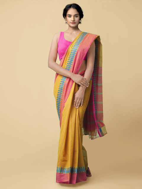 

Unnati Silks Yellow & Pink Woven Design Pure Cotton Mangalagiri Saree