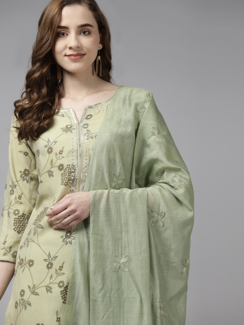 

Yufta Women Olive Green Floral Printed Sequinned Pure Silk Kurta with Palazzos & With Dupatta