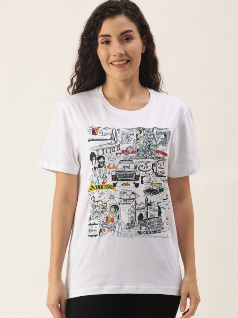 

WTFUNK Women White Printed Aamchi Mumbai Travel Doodle Pure Cotton T-shirt