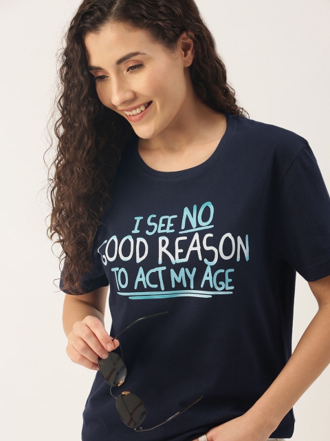 

WTFUNK Women Navy Blue Cotton Typography Printed T-shirt